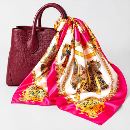 Luxury Satin Silk Scarf – Elegant Equestrian Chain Print Square Wrap for Women - Fatisha Boutique