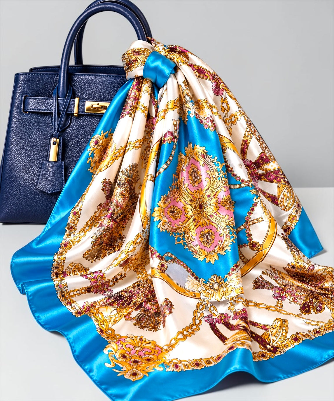Luxury Satin Silk Scarf – Elegant Equestrian Chain Print Square Wrap for Women - Fatisha Boutique Fatisha Boutique