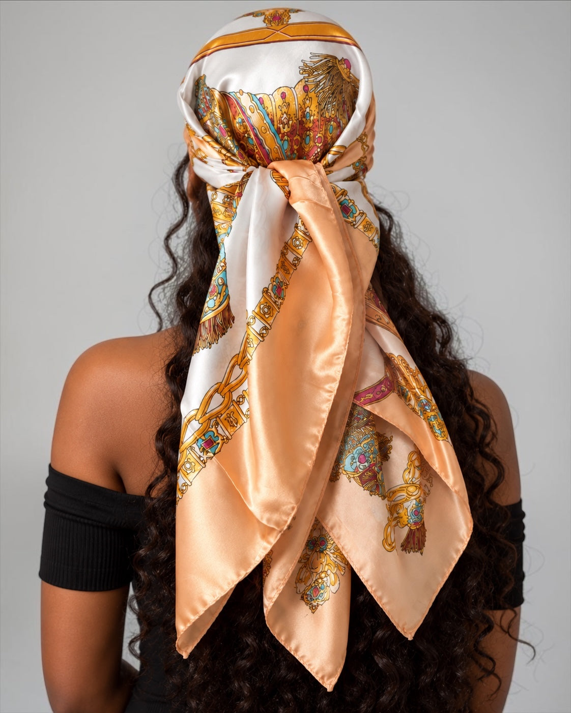 Luxury Satin Silk Scarf – Elegant Equestrian Chain Print Square Wrap for Women - Fatisha Boutique Fatisha Boutique