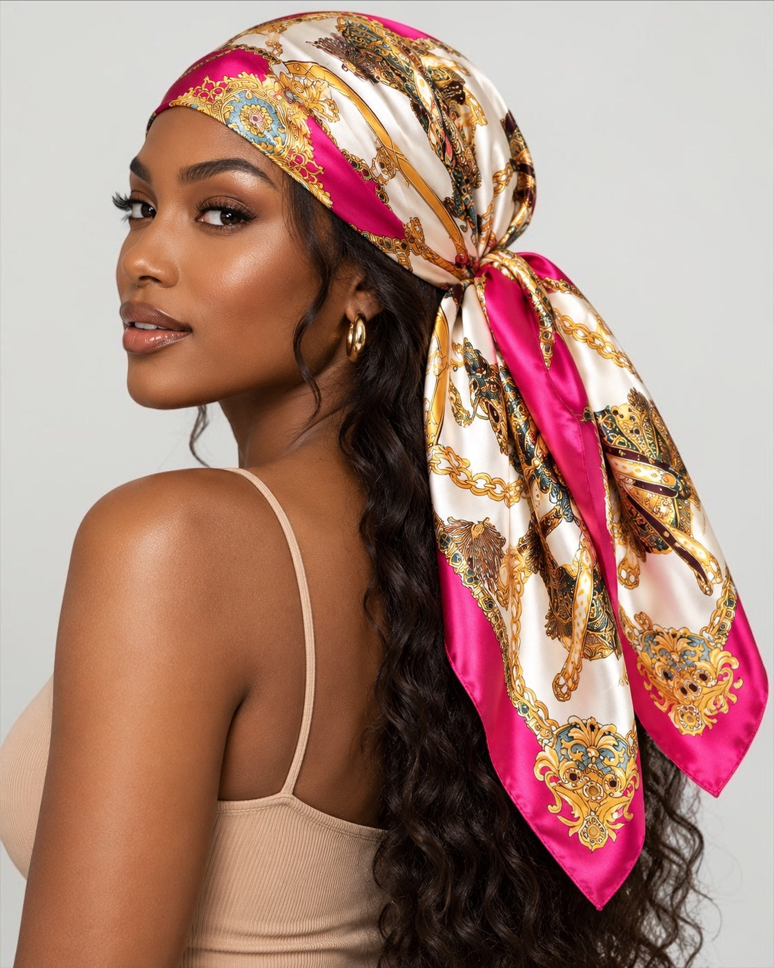 Luxury Satin Silk Scarf – Elegant Equestrian Chain Print Square Wrap for Women - Fatisha Boutique Fatisha Boutique