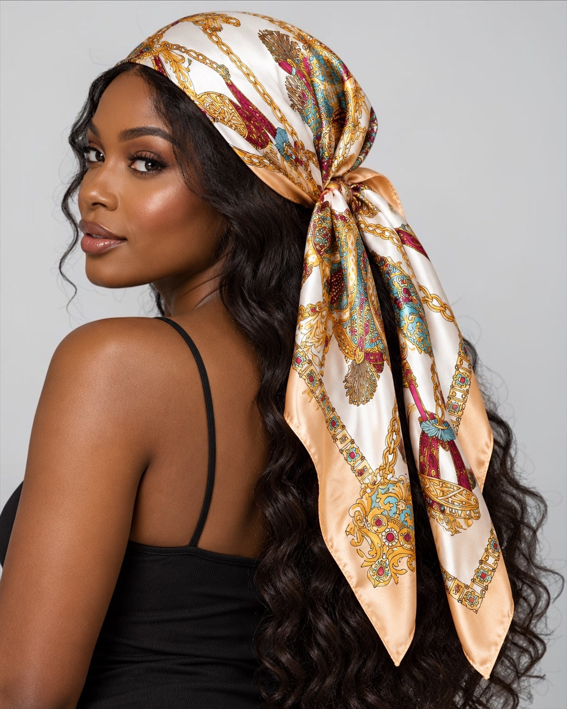 Luxury Satin Silk Scarf – Elegant Equestrian Chain Print Square Wrap for Women - Fatisha Boutique