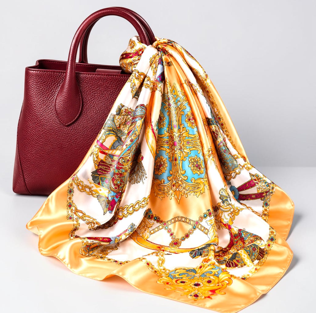 Luxury Satin Silk Scarf – Elegant Equestrian Chain Print Square Wrap for Women - Fatisha Boutique Fatisha Boutique
