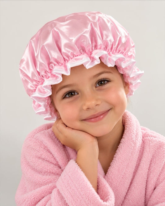 Kids Satin Silk Shower Cap – Waterproof Bonnet with Ruffled Edges (Ages 1–6) - Fatisha Boutique