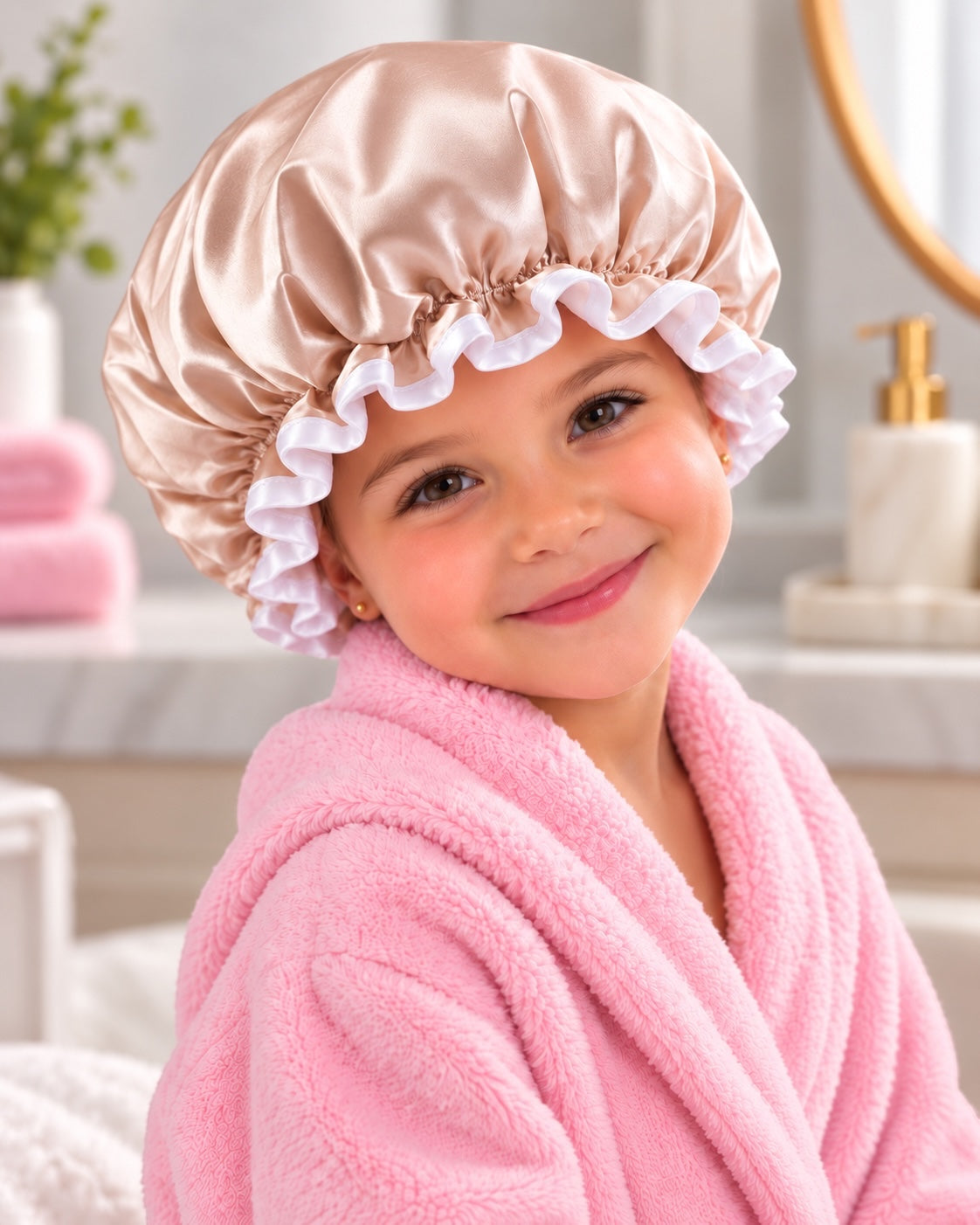 Kids Satin Silk Shower Cap – Waterproof Bonnet with Ruffled Edges (Ages 1–6) - Fatisha Boutique Fatisha Boutique