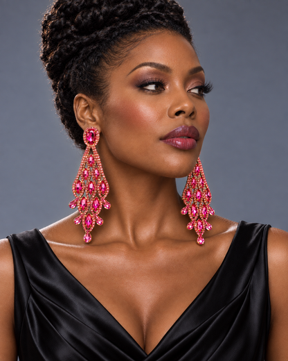 Long Pink Rhinestone Chandelier Statement Earrings - Fatisha Boutique