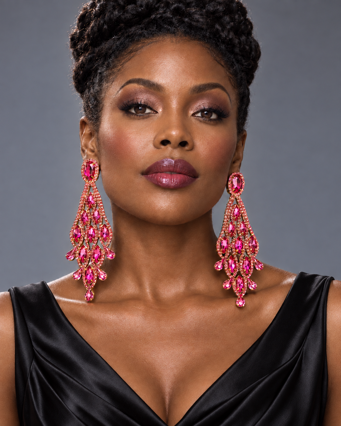 Long Pink Rhinestone Chandelier Statement Earrings - Fatisha Boutique Fatisha Boutique