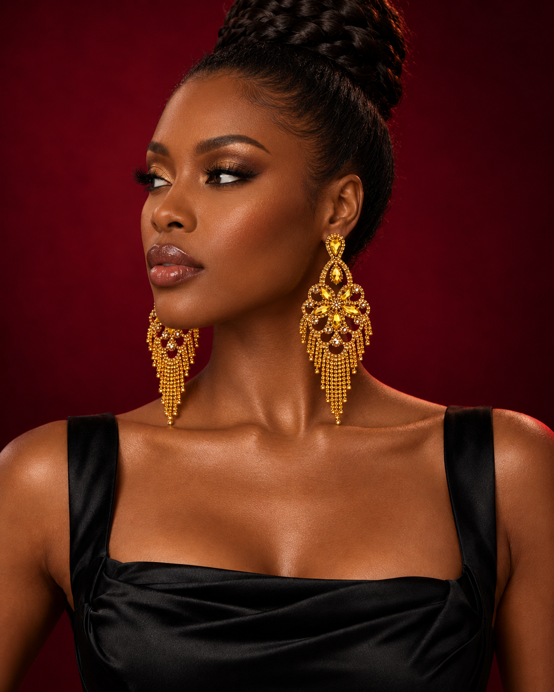 Long Golden Yellow Rhinestone Chandelier Tassel Earrings