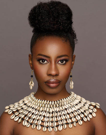 Authentic African Craftsmanship Ethnic Cowrie Sea Shell Beaded Collar Bib Neckla