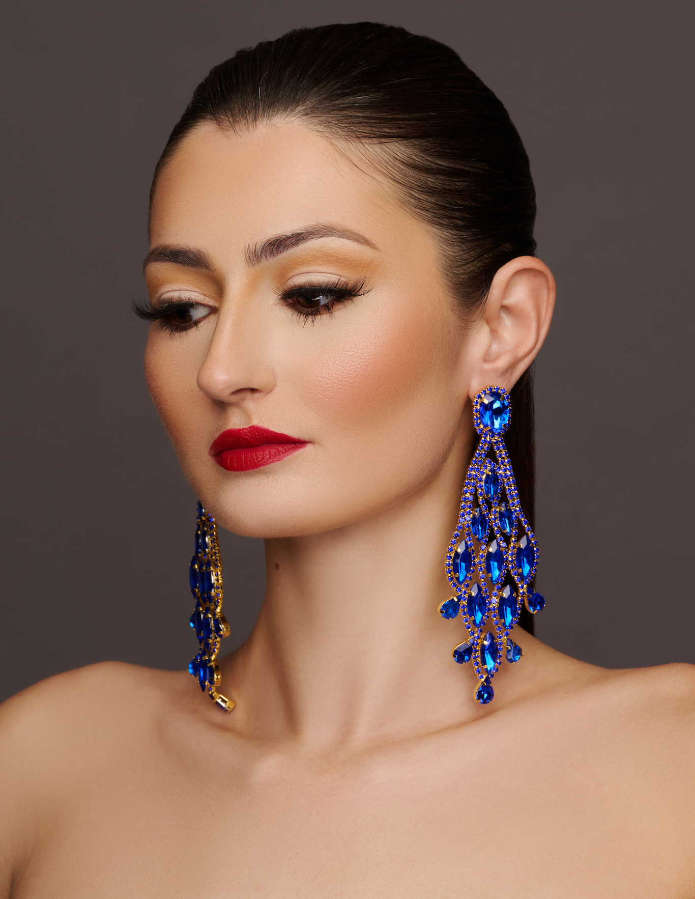 Long Blue Glamorous Diamante Rhinestone Teardrop Tassel  Earrings