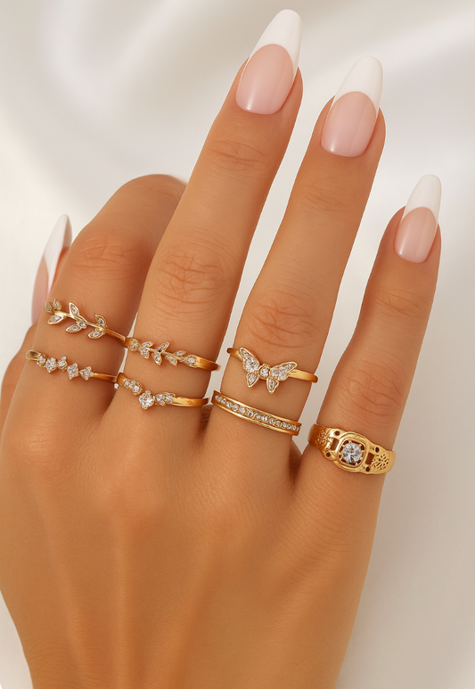 Gold Rhinestone Ring Set – 7 Stackable Pieces - Fatisha Boutique #