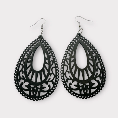 Laser-Cut Wooden Teardrop Earrings – Lightweight Boho Ethnic Style | 2 Colours - Fatisha Boutique #