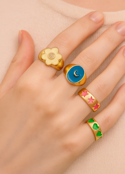 Retro Pastel Fun Statement Ring Set – 4-Piece Colorful Enamel Jewellery - Fatisha Boutique #