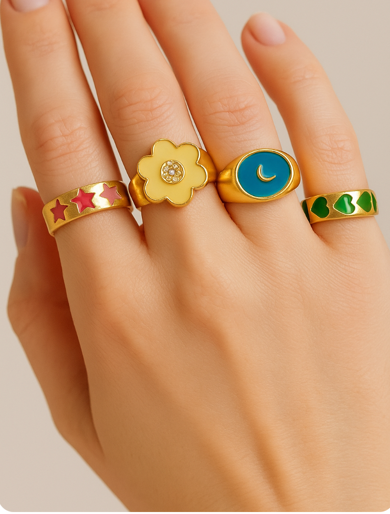 Retro Pastel Fun Statement Ring Set – 4-Piece Colorful Enamel Jewellery - Fatisha Boutique #