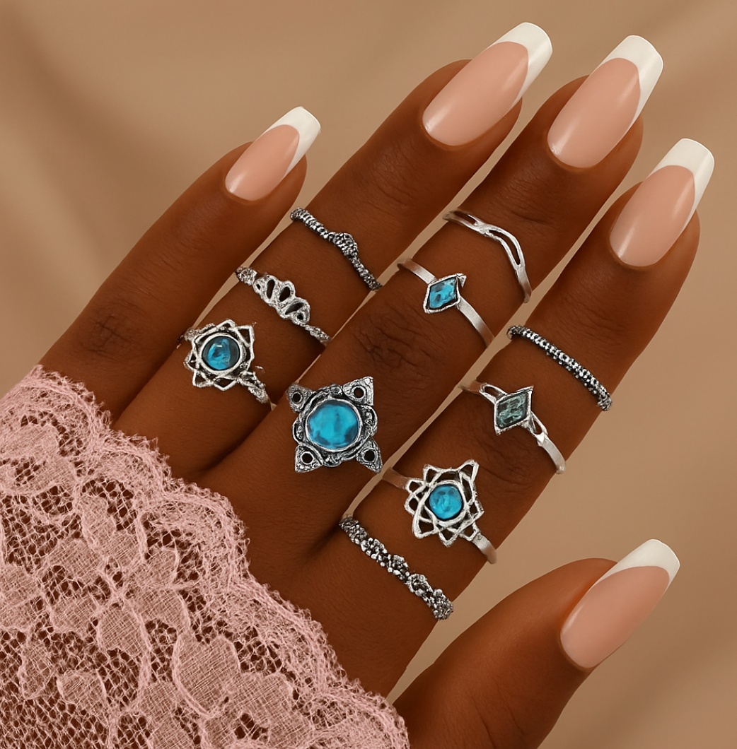 Bohemian Silver Ring Set – 13-Piece Vintage Crystal Rings Collection - Fatisha Boutique #