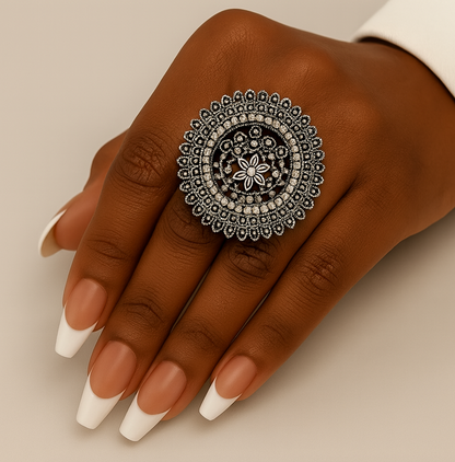 Vintage Boho Oversized Statement Ring – Antique Gold & Silver, 5cm Mandala Design - Fatisha Boutique #