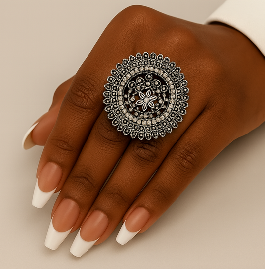 Vintage Boho Oversized Statement Ring – Antique Gold & Silver, 5cm Mandala Design - Fatisha Boutique #