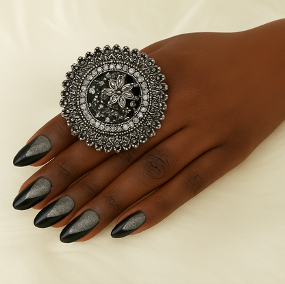 Vintage Boho Oversized Statement Ring – Antique Gold & Silver, 5cm Mandala Design - Fatisha Boutique #