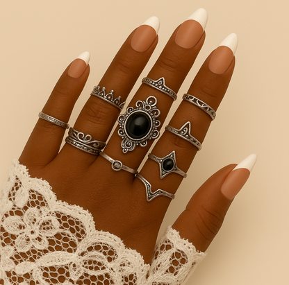 Vintage Boho Black Stone Ring Set – 10 Pcs Mixed Sizes Statement Jewellery - Fatisha Boutique #
