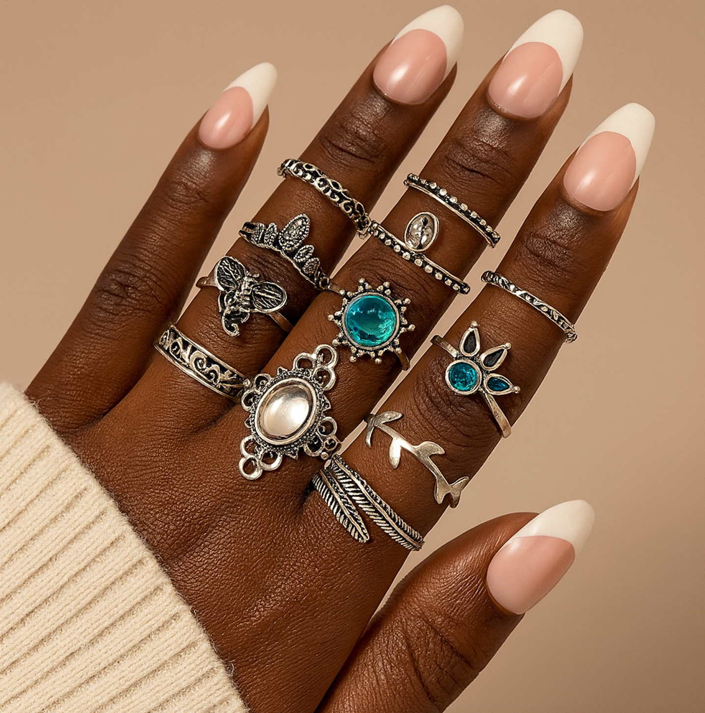 Set of 12 Vintage Silver Boho Rings – Mixed Designs with Blue Crystal Accents (Non-Adjustable) - Fatisha Boutique #