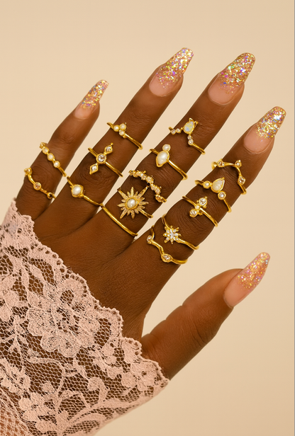 Gold Opal Aesthetic Ring Set (17 Pieces) – Vintage Boho Stacking Rings - Fatisha Boutique #