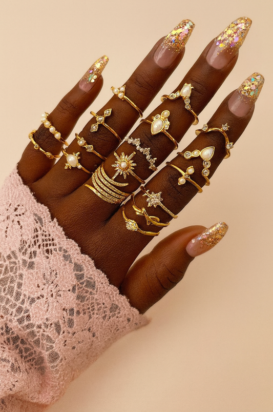Gold Opal Aesthetic Ring Set (17 Pieces) – Vintage Boho Stacking Rings - Fatisha Boutique #