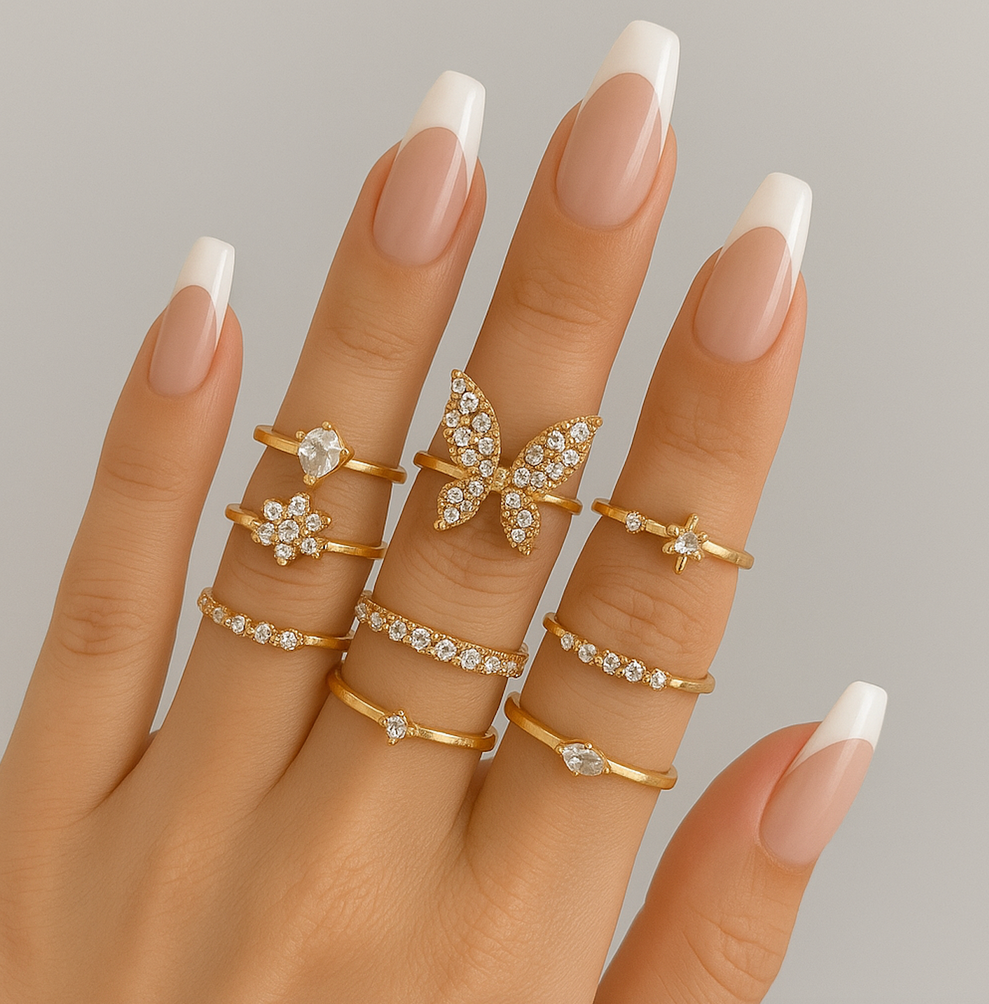 Elegant Butterfly & Crystal Gold Ring Set (8 Pieces) – Dainty Non-Adjustable Stackable Rings - Fatisha Boutique #