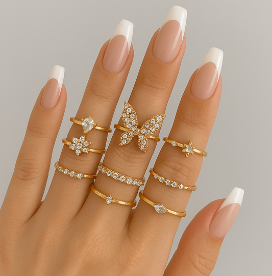 Elegant Butterfly & Crystal Gold Ring Set (8 Pieces) – Dainty Non-Adjustable Stackable Rings - Fatisha Boutique #