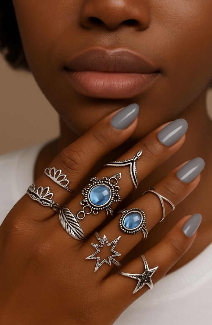 Boho Vintage Silver Ring Set – 11pcs Moonstone & Star Design - Fatisha Boutique #