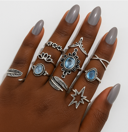 Boho Vintage Silver Ring Set – 11pcs Moonstone & Star Design - Fatisha Boutique #