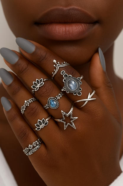 Boho Vintage Silver Ring Set – 11pcs Moonstone & Star Design - Fatisha Boutique #