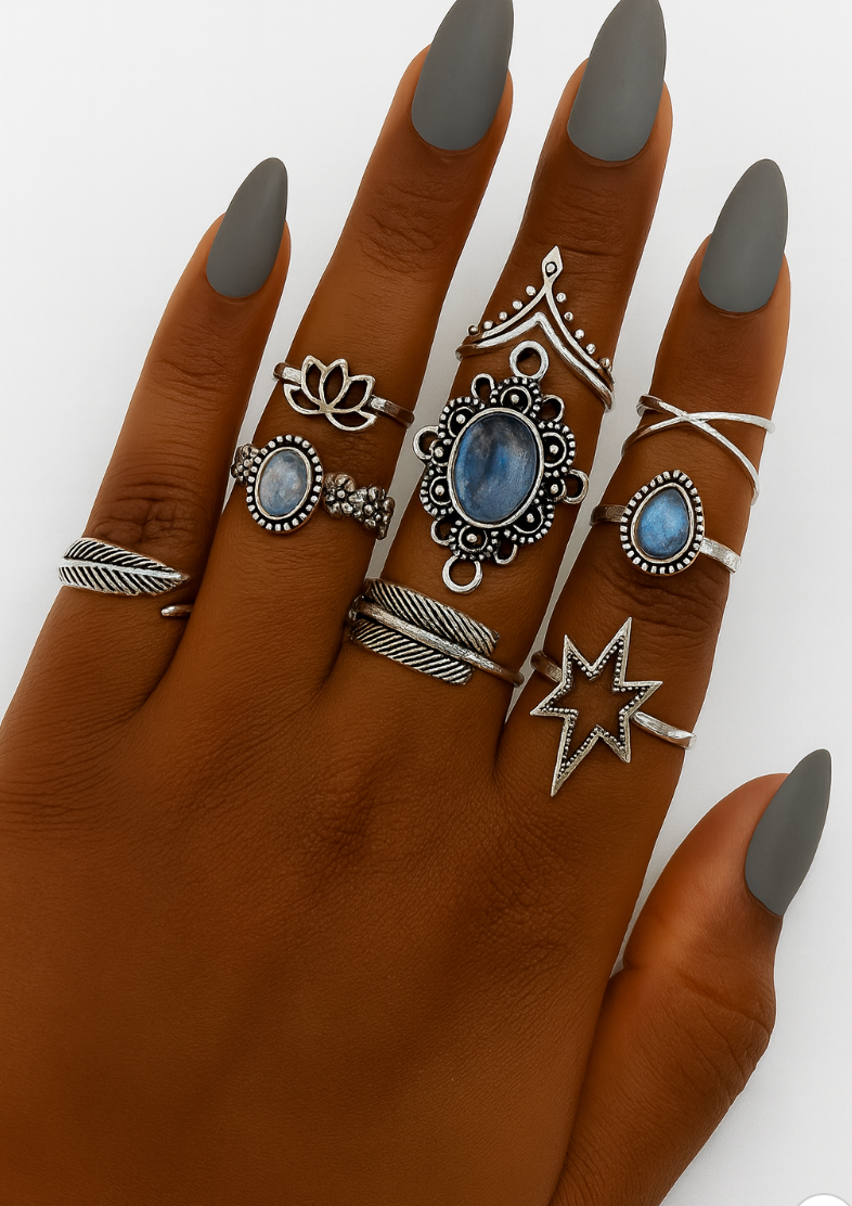 Boho Vintage Silver Ring Set – 11pcs Moonstone & Star Design - Fatisha Boutique #