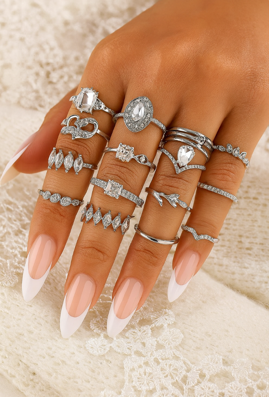 15-Piece Silver Rhinestone Ring Set – Boho Stacking Rings for Women
