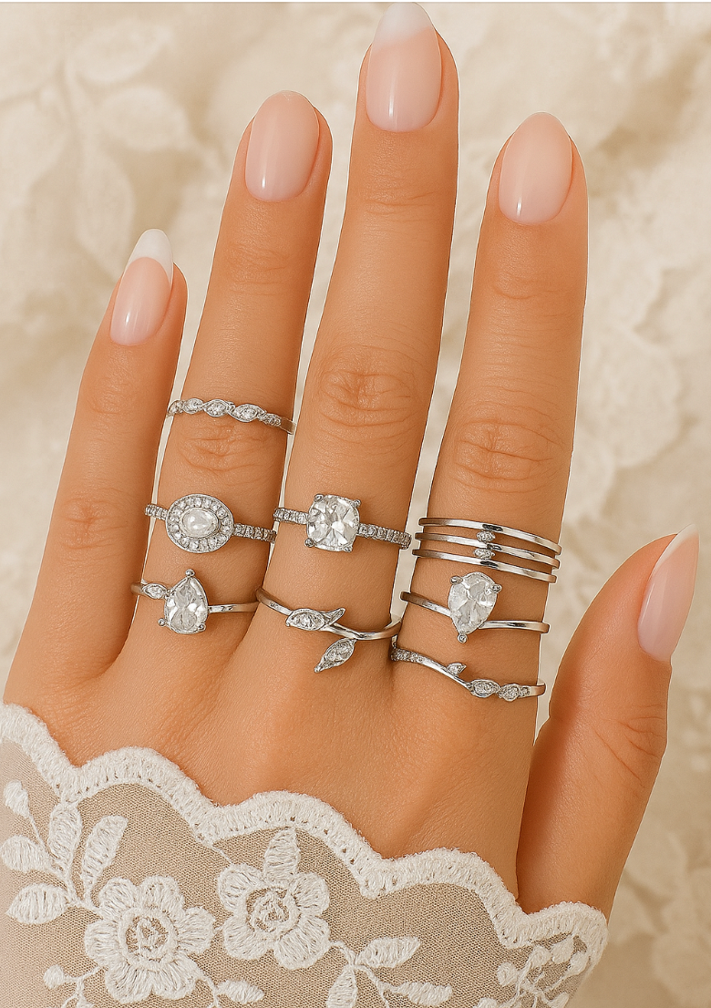 15-Piece Silver Rhinestone Ring Set – Boho Stacking Rings for Women