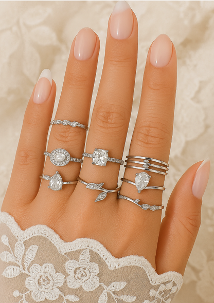 15-Piece Silver Rhinestone Ring Set – Boho Stacking Rings for Women