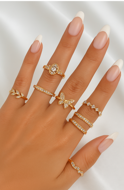 Gold Rhinestone Ring Set – 7 Stackable Pieces - Fatisha Boutique #
