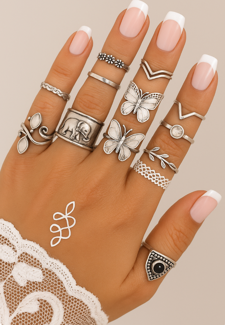 Boho Butterfly & Elephant Ring Set (15pcs) – Vintage Silver Statement Rings - Fatisha Boutique #