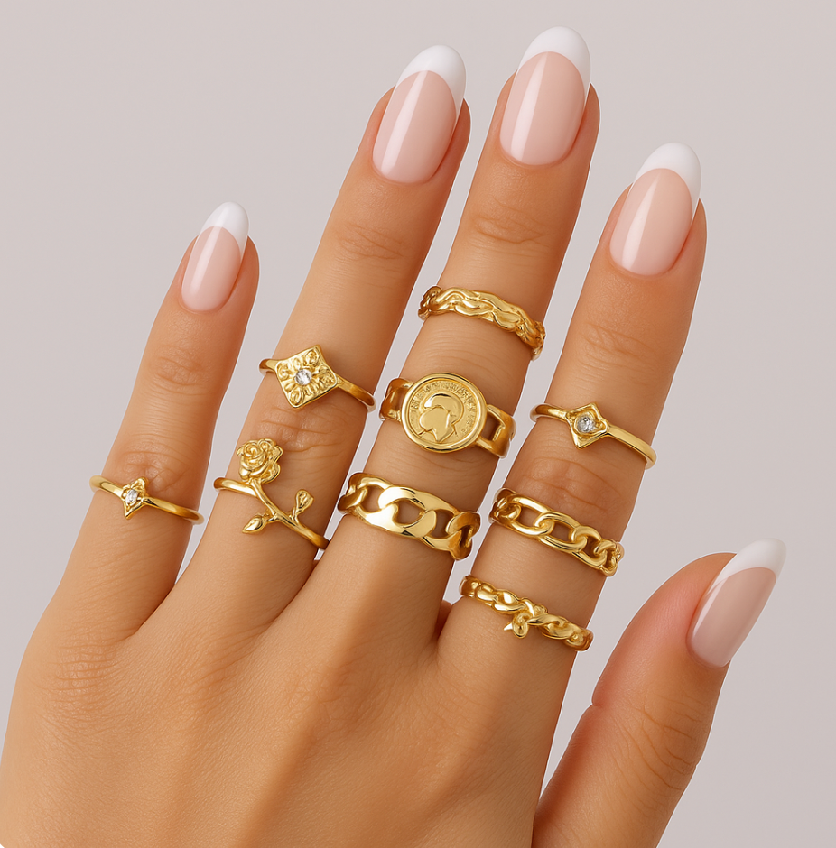 Set of 8 Adjustable Rings for Women – Gold & Silver Stackable Fashion Jewellery - Fatisha Boutique #