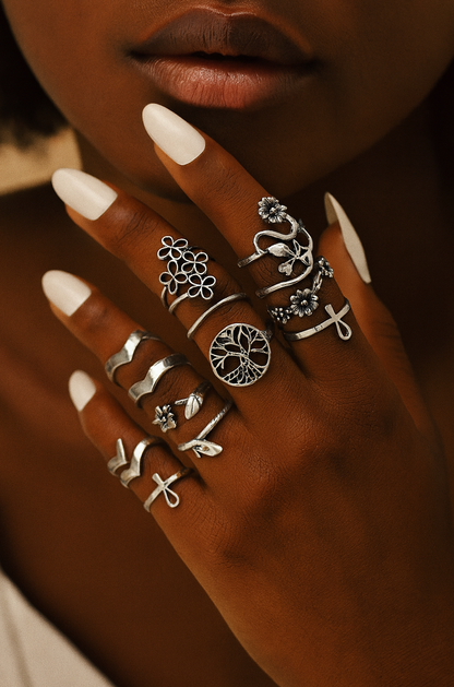 Set of 14 Bohemian Silver Rings – Vintage Floral & Nature Adjustable Jewellery - Fatisha Boutique #