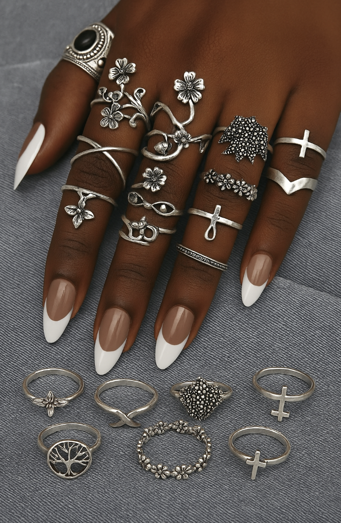 Set of 14 Bohemian Silver Rings – Vintage Floral & Nature Adjustable Jewellery - Fatisha Boutique #