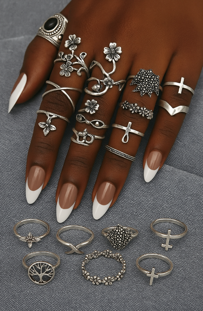 Set of 14 Bohemian Silver Rings – Vintage Floral & Nature Adjustable Jewellery - Fatisha Boutique #