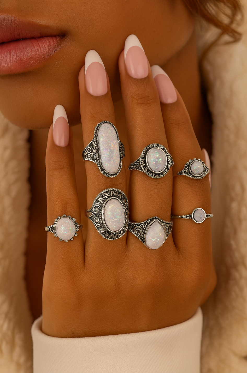 Set of 8 Vintage Silver Opal-Style Rings – Bohemian Stackable Jewellery - Fatisha Boutique #