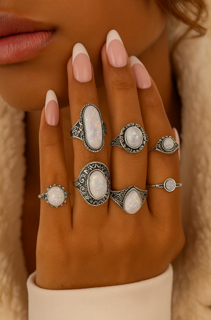Set of 8 Vintage Silver Opal-Style Rings – Bohemian Stackable Jewellery - Fatisha Boutique #
