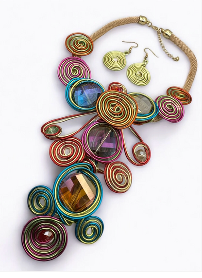 Bohemian Big Colourful Crystal Beads Twisted Wire Ethnic Statement Necklace Set