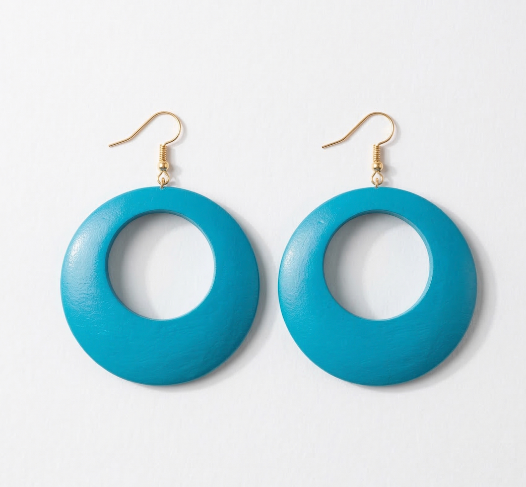 Blue Wooden Statement Hoop Earrings – Lightweight Round Boho Drop Earrings - Fatisha Boutique #
