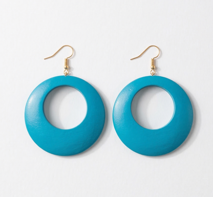 Blue Wooden Statement Hoop Earrings – Lightweight Round Boho Drop Earrings - Fatisha Boutique #