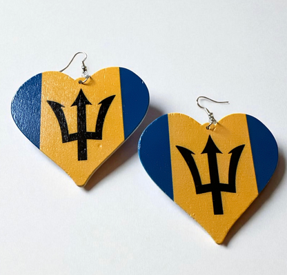 Barbados Flag Heart Earrings – Afrocentric Caribbean Statement Wooden Jewellery - Fatisha Boutique #
