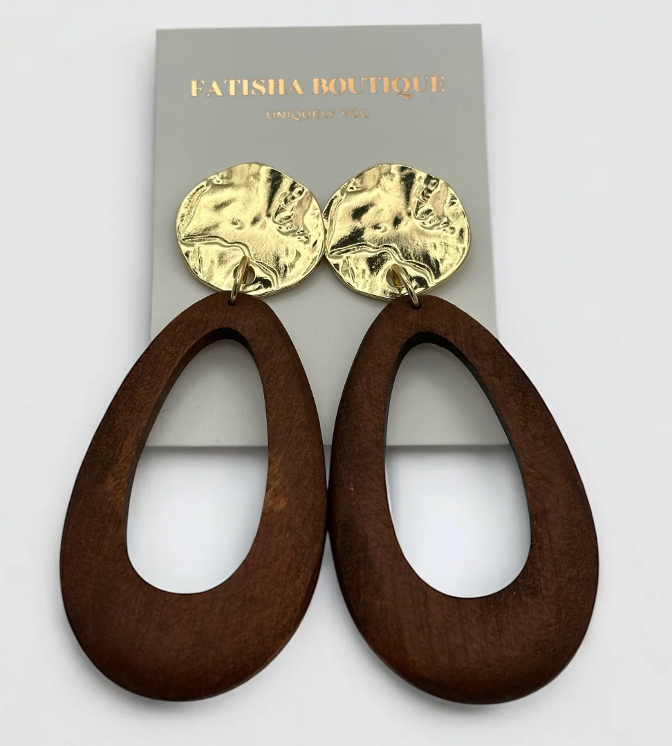 Brown Wooden Statement Earrings with Gold Stud – Ethnic Boho Teardrop Drop Earrings - Fatisha Boutique #