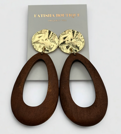 Brown Wooden Statement Earrings with Gold Stud – Ethnic Boho Teardrop Drop Earrings - Fatisha Boutique #