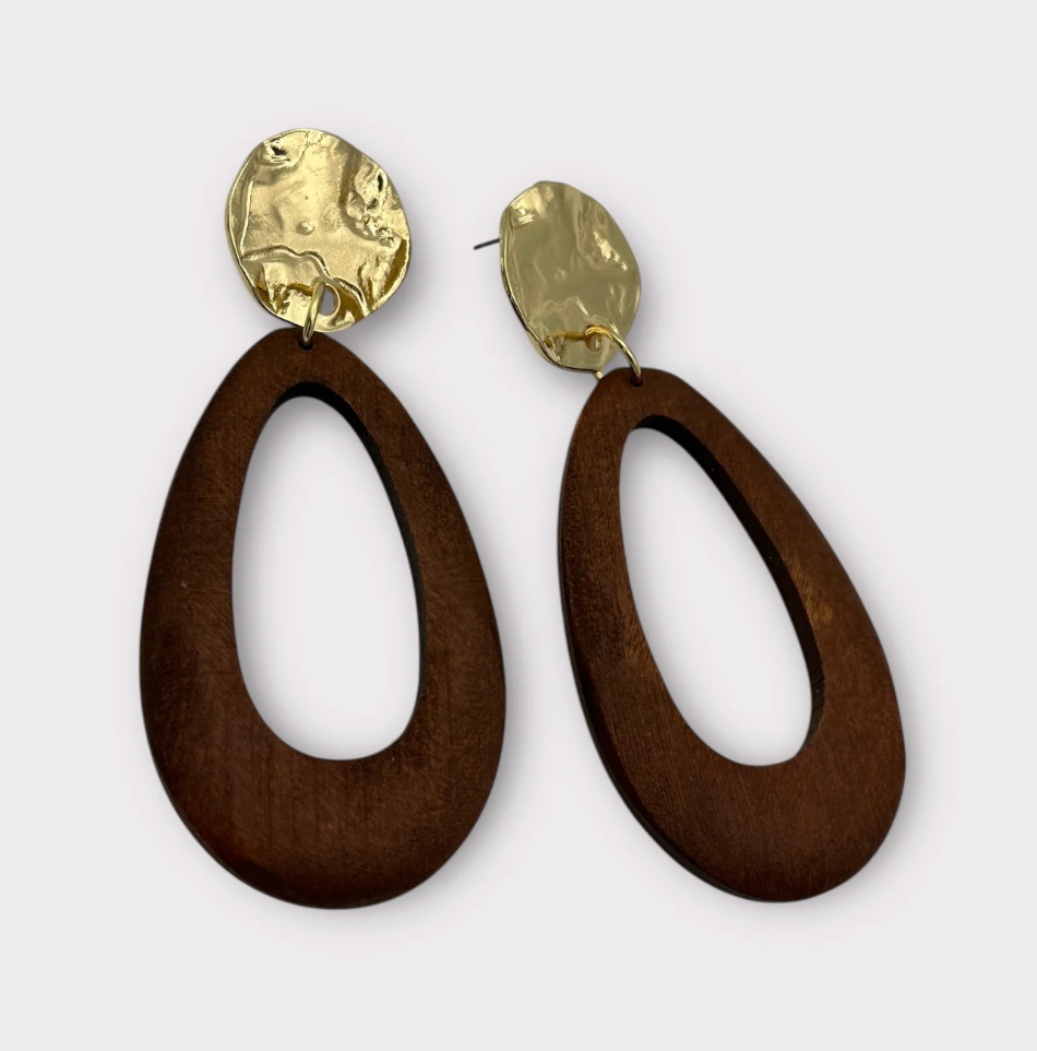 Brown Wooden Statement Earrings with Gold Stud – Ethnic Boho Teardrop Drop Earrings - Fatisha Boutique #