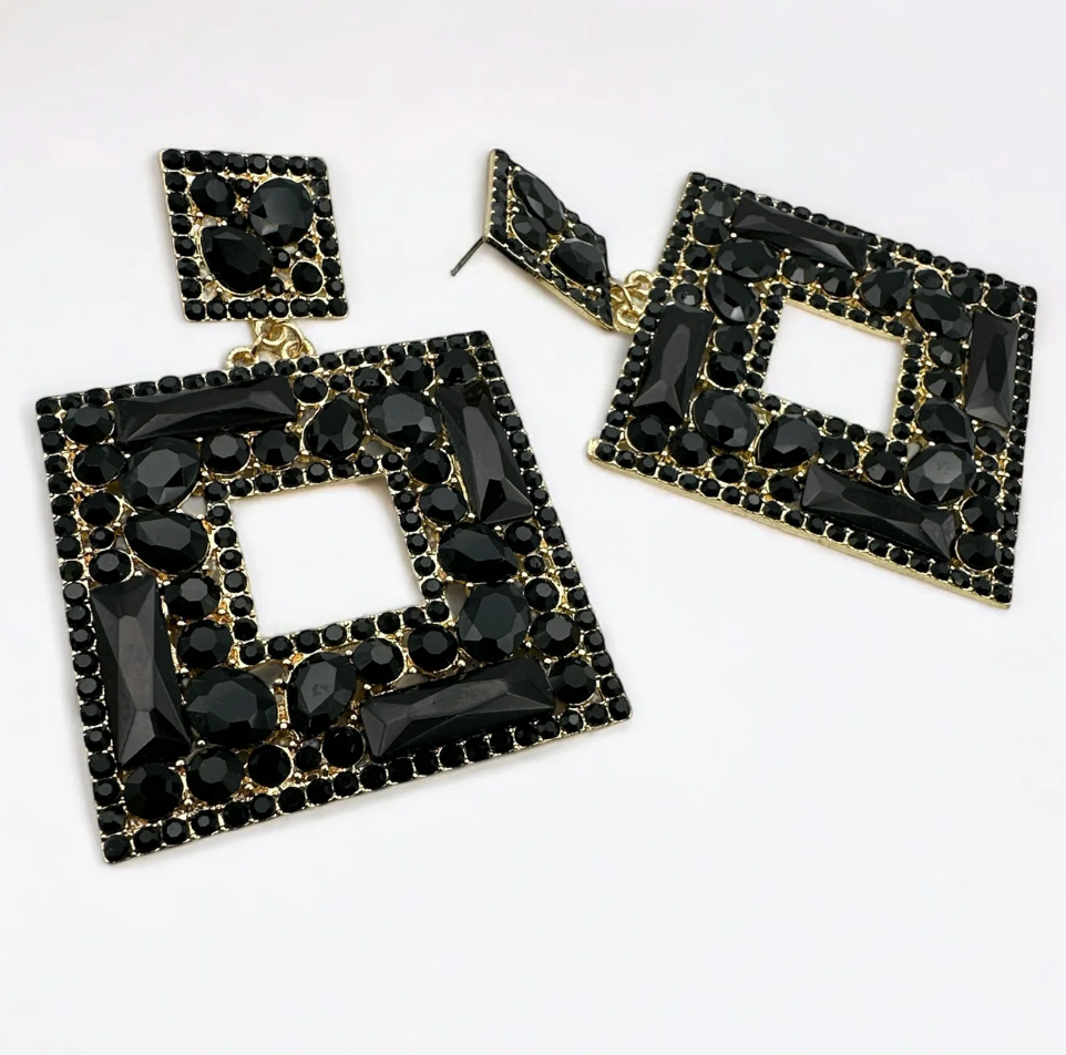 Black Crystal Geometric Statement Earrings – Oversized Rhinestone Drops